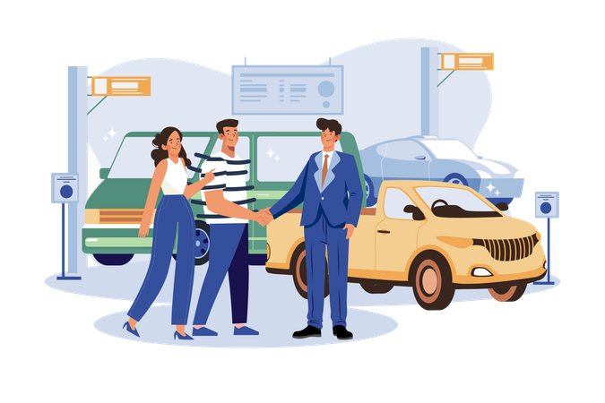 Clientes felizes casal apertando a mão com um gerente no salão de automóveis  Ilustração