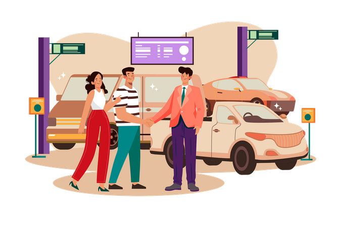 Clientes felizes casal apertando a mão com um gerente no salão de automóveis  Ilustração