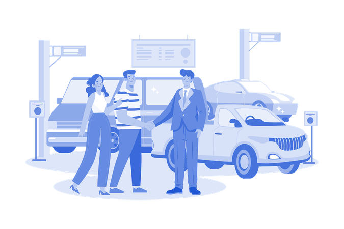 Clientes felizes casal apertando a mão com um gerente no salão de automóveis  Ilustração