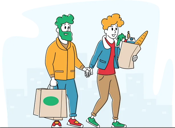 Clientes hombre y mujer con bolsas de compras caminando desde la tienda comprando productos  Ilustración