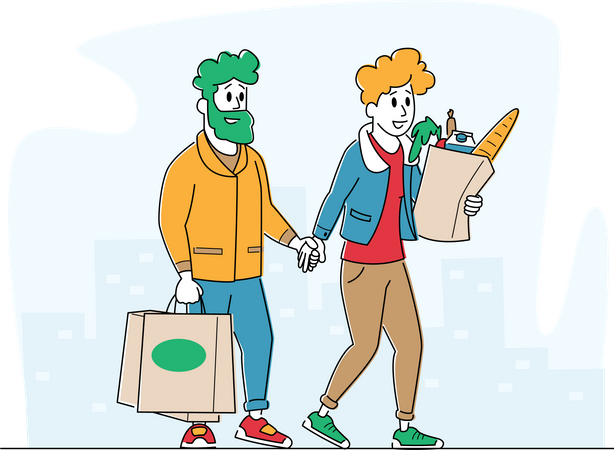 Clientes homens e mulheres com sacolas de compras saindo da loja comprando mercadorias  Ilustração