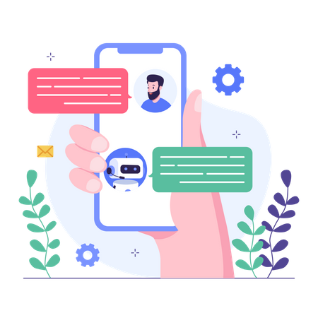 Os clientes seguram as telas de seus smartphones e interagem com chatbots  Ilustração