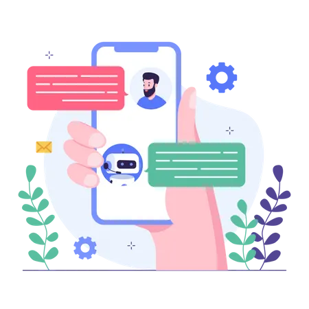 Os clientes seguram as telas de seus smartphones e interagem com chatbots  Ilustração