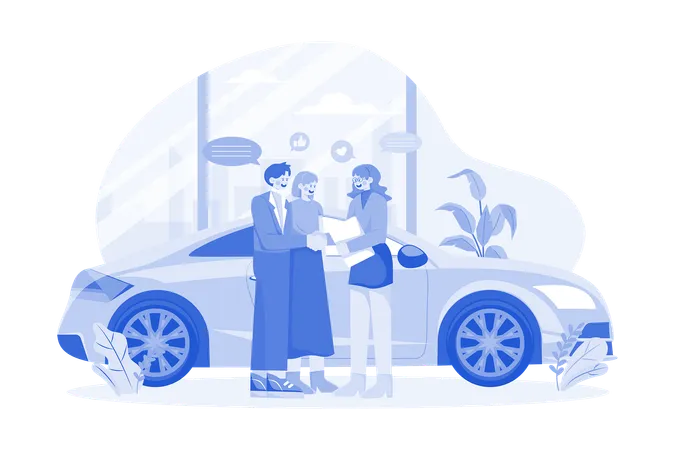 Des clients satisfaits couplent une poignée de main avec un responsable dans un salon automobile  Illustration