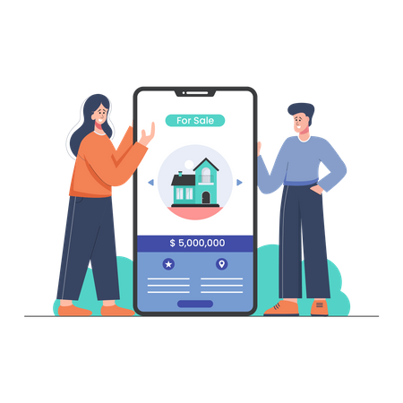 Clients visitant le site immobilier en ligne pour la vente d'une propriété  Illustration
