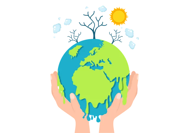 Global Warming Cartoon Style Illustration With Planet Earth In A Melting Or Burning State And Image Sun To Prevent Damage To Nature And Climate Change Illustration