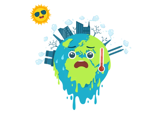 Global Warming Cartoon Style Illustration With Planet Earth In A Melting Or Burning State And Image Sun To Prevent Damage To Nature And Climate Change Illustration