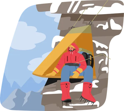 Perched On A Mountain Ledge Climber Enjoys Serene Solitude Inside A Hanging Tent Suspended Against The Breathtaking Backdrop Finding Peace Amidst The Lofty Peaks And Crisp Air Vector Illustration 일러스트레이션