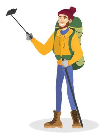 Climber man in special winter clothes with backpack Illustration