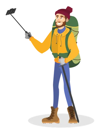 Climber man in special winter clothes with backpack  Illustration