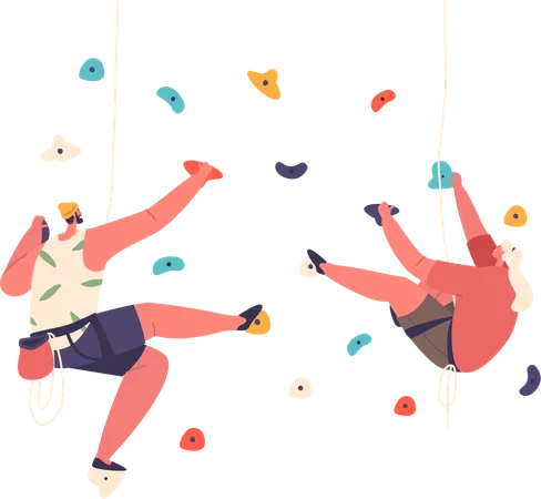 Climbers Scaling Artificial Rock Walls Characters Displaying Strength Balance And Determination In Indoor Bouldering Facilities Surrounded By Colorful Holds Cartoon People Vector Illustration Illustration