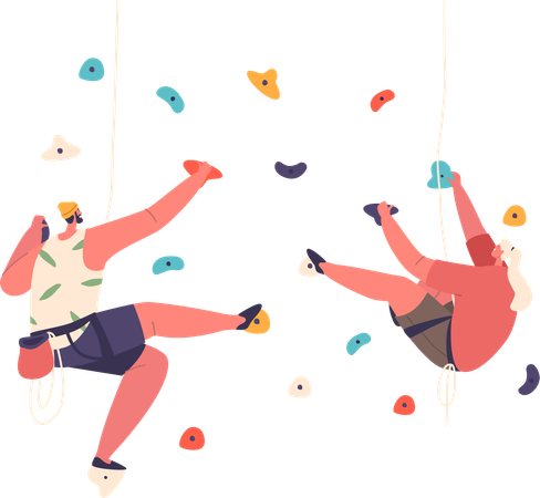 Climbers Scaling Artificial Rock Walls  Illustration