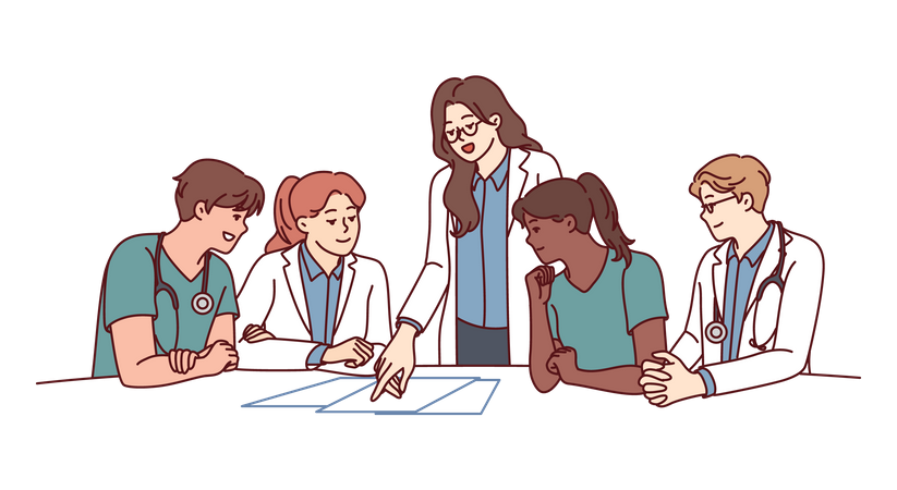 Clinic staff meeting, with doctors sitting at table and head physician giving instructions  Illustration