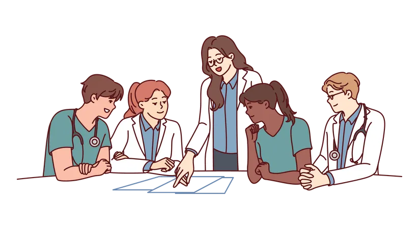 Clinic staff meeting, with doctors sitting at table and head physician giving instructions  Illustration