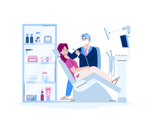 Clínica odontológica com dentista e paciente na cadeira médica  Ilustração