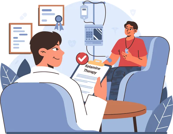 Médico analisa protocolo de tratamento com o paciente  Ilustração