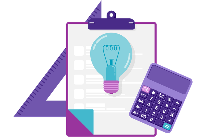 Clipboard with lamp and calculator  Illustration