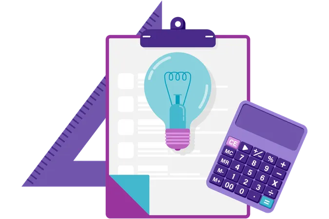 Clipboard with lamp and calculator  Illustration