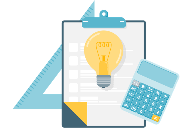 Clipboard with lamp and calculator  Illustration