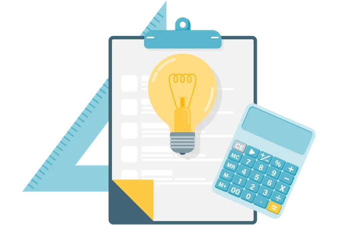 Clipboard with lamp and calculator  Illustration