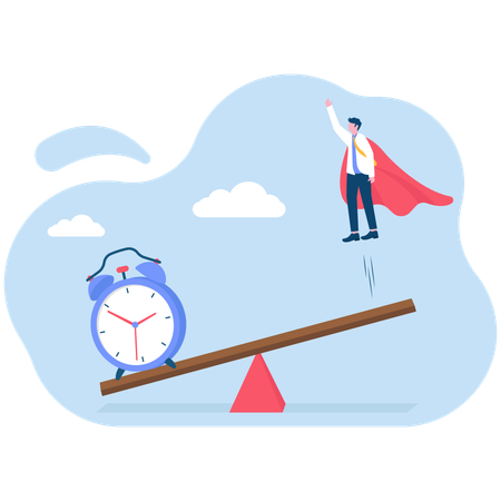 Clock falling on seesaw to help businessman jump high  Illustration