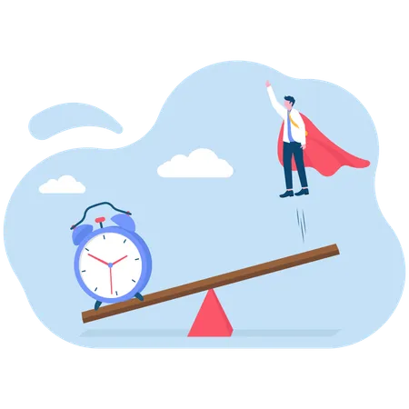 Clock falling on seesaw to help businessman jump high  Illustration