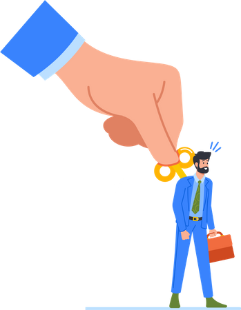 Clockwork Toy Businessman Stand With Sense Of Authority While Huge Hand Of Boss Start Spring  Illustration