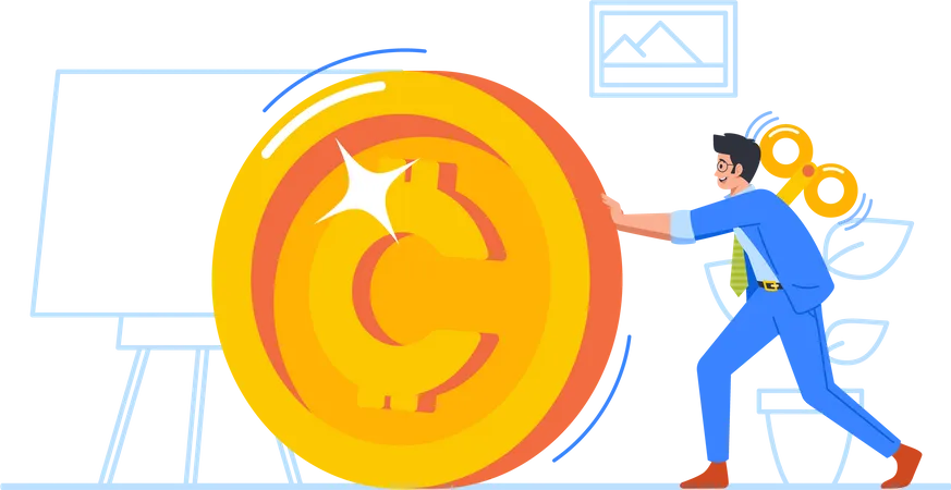 Clockwork Toy Business Employee Character Rolling Huge Golden Coin Representing The Desire For Wealth And Success Monotony Of Working Towards Financial Goals Cartoon People Vector Illustration Illustration