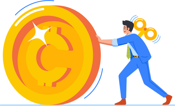 Clockwork Toy Employee Rolling Golden Coin  Illustration