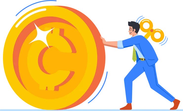Clockwork Toy Business Employee Character Rolling Huge Golden Coin Representing The Desire For Wealth And Success Monotony Of Working Towards Financial Goals Cartoon People Vector Illustration Illustration