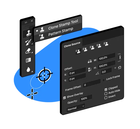 Clone Stamp Tool and Pattern Stamp in raster graphic editor  Illustration