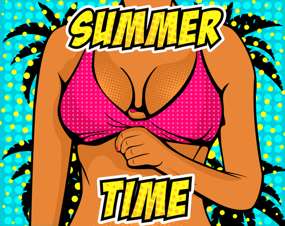 Close de uma mulher sexy de biquíni com texto horário de verão  Ilustração