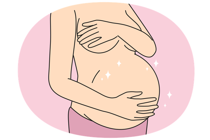 Close-up of naked woman touching pregnant belly ready for future maternity  Illustration