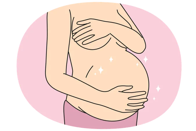 Close-up of naked woman touching pregnant belly ready for future maternity  Illustration