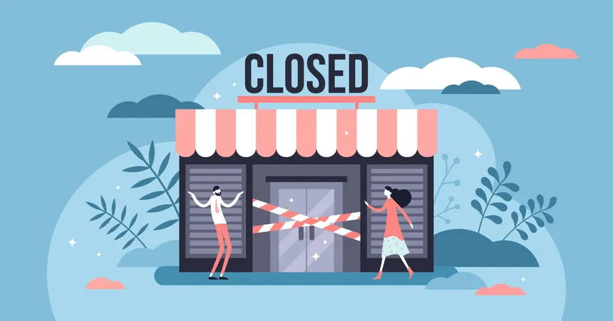 Closed Business Concept Flat Tiny Persons Vector Illustration Bankrupt Small Business Store Front Global Economic Crash Because Of Pandemic Corona Virus COVID 19 Crisis Stopping Commerce Activity Illustration