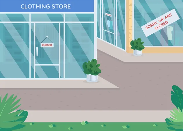 Closed Stores Flat Color Vector Illustration Businesses Not Working Due To Corona Virus Quarantine Social Distance For Safety Closed Shops 2 D Cartoon Cityscape With Closed Stores On Background イラスト