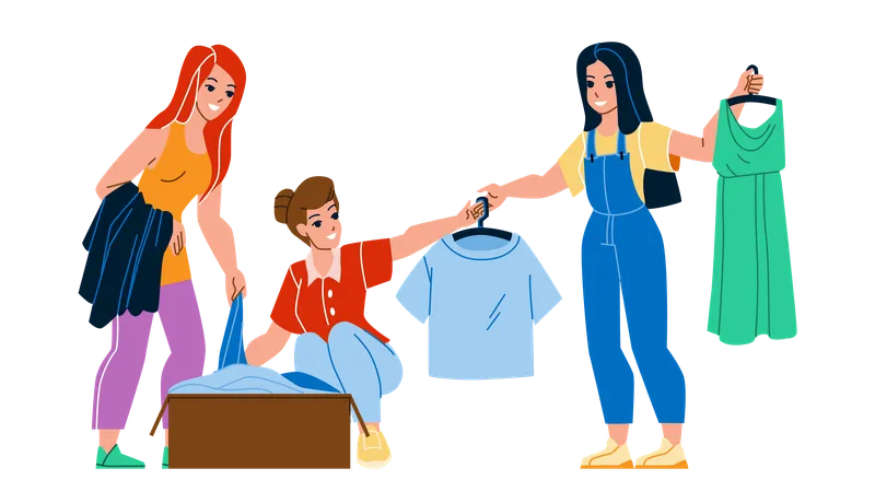 Clothes Swap Party Enjoying Young Women Vector Girls Resting On Swap Party And Exchanging Fashion Textile Clothing Characters Happiness Ladies Leisure Time Together Flat Cartoon Illustration Illustration