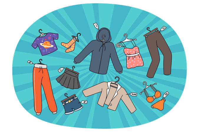 Clothing pieces with price tags on discount  Illustration