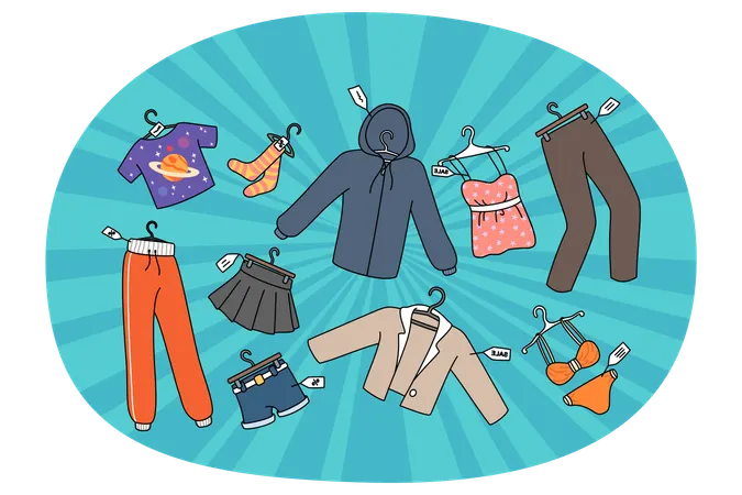 Clothing pieces with price tags on discount  Illustration