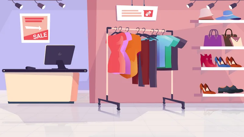 Clothing Shop Interior Concept In Flat Cartoon Design Showroom Of Store With Assortment And Furniture Clothes On Hanger Shoes And Accessories On Shelves Counter Vector Illustration Background 일러스트레이션