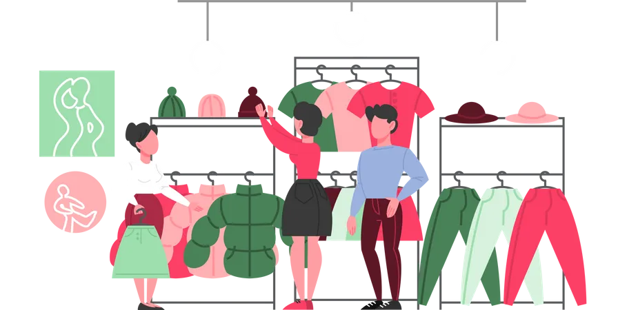 Clothing Store Interior Clothes For Men And Women Man And Woman Buy New Clothes Woman Choosing Clothes In The Clothing Store Vector Flat Illustration Illustration