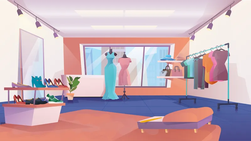 Clothing Store Interior Landing Page In Flat Cartoon Style Female Fashion Shop Dresses Hang On Hangers Mannequins In Outfits Shelves With Shoes And Bags Vector Illustration Of Web Background イラスト