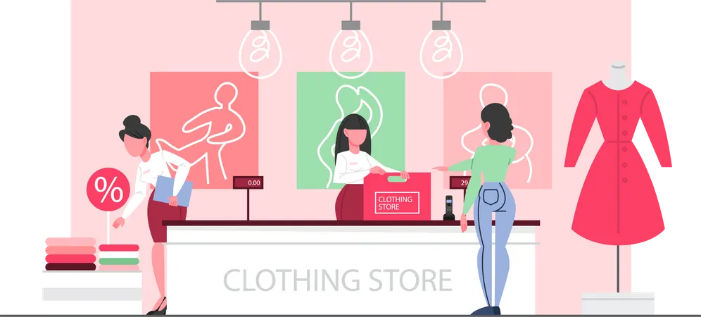 Clothing Store Interior Woman Standing At The Counter In The Clothing Store And Bying Clothes Beautiful Cashier In Fashion Boutique Vector Illustration In Flat Style Illustration