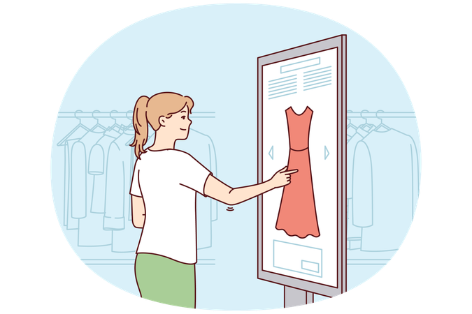 Clothing store customer woman use digital touch panel to select dress suitable style  Illustration
