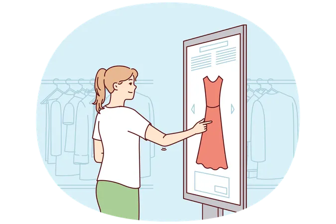 Clothing store customer woman use digital touch panel to select dress suitable style  Illustration