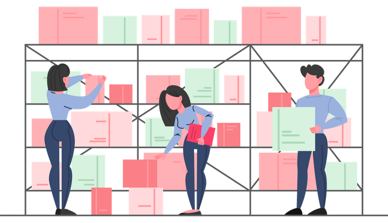 Clothing store workers managing stocks Illustration