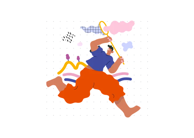 Life Unframed Cloud Catcher Modern Flat Vector Concept Illustration Of Running Man With Butterfly Net Metaphor Of Unpredictability Imagination Whimsy Cycle Of Existence Play Growth Discovery Illustration