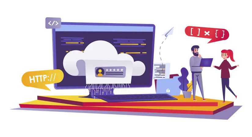 Cloud Computing Web Concept In Flat Style People Working At Datum Center Data Storage And Processing Database System Teamwork Scene Vector Illustration Of Cartoon Characters For Website Design Illustration