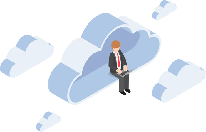 Isometric Businessman Sitting On Cloud And Working On Laptop Success Freedom Cloud Computing Concept VECTOR EPS 10 Illustration