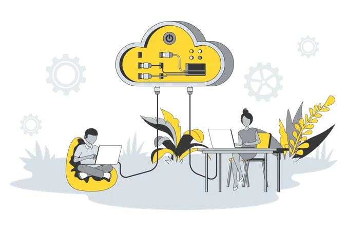 Cloud Computing Concept In Flat Line Design People Upload Files To Cloud Storage Processing Data Create Backups Using Database And Hosting Server Vector Illustration With Outline Scene For Web Illustration